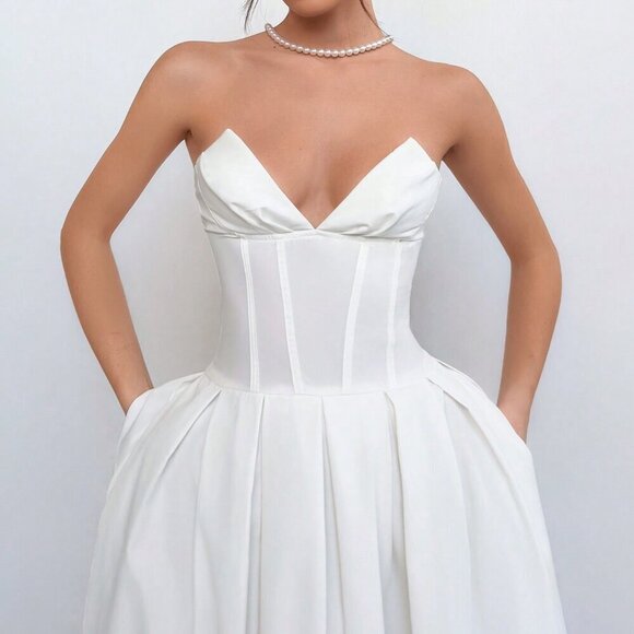 White Elegant Women's Asymmetric Hemline Strap Top Breast Cup Midi Dress - Picture 2 of 5